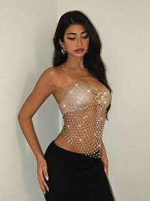 EgrlEra Women's Rhinestone Fishnet Sexy Top, Suitable For Night Out Parties And Carnivals - Gold - View 3
