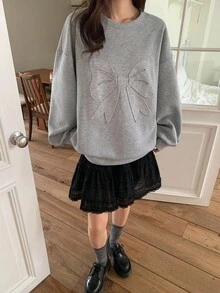DAZY 女士斜肩蝴蝶印花休闲韩版长袖不对称肩部运动衫秋冬 - 灰色 - 查看 3