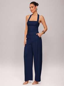 Silquee 女式休闲纯色修身挂脖上衣 - 藏蓝色 - 查看 7