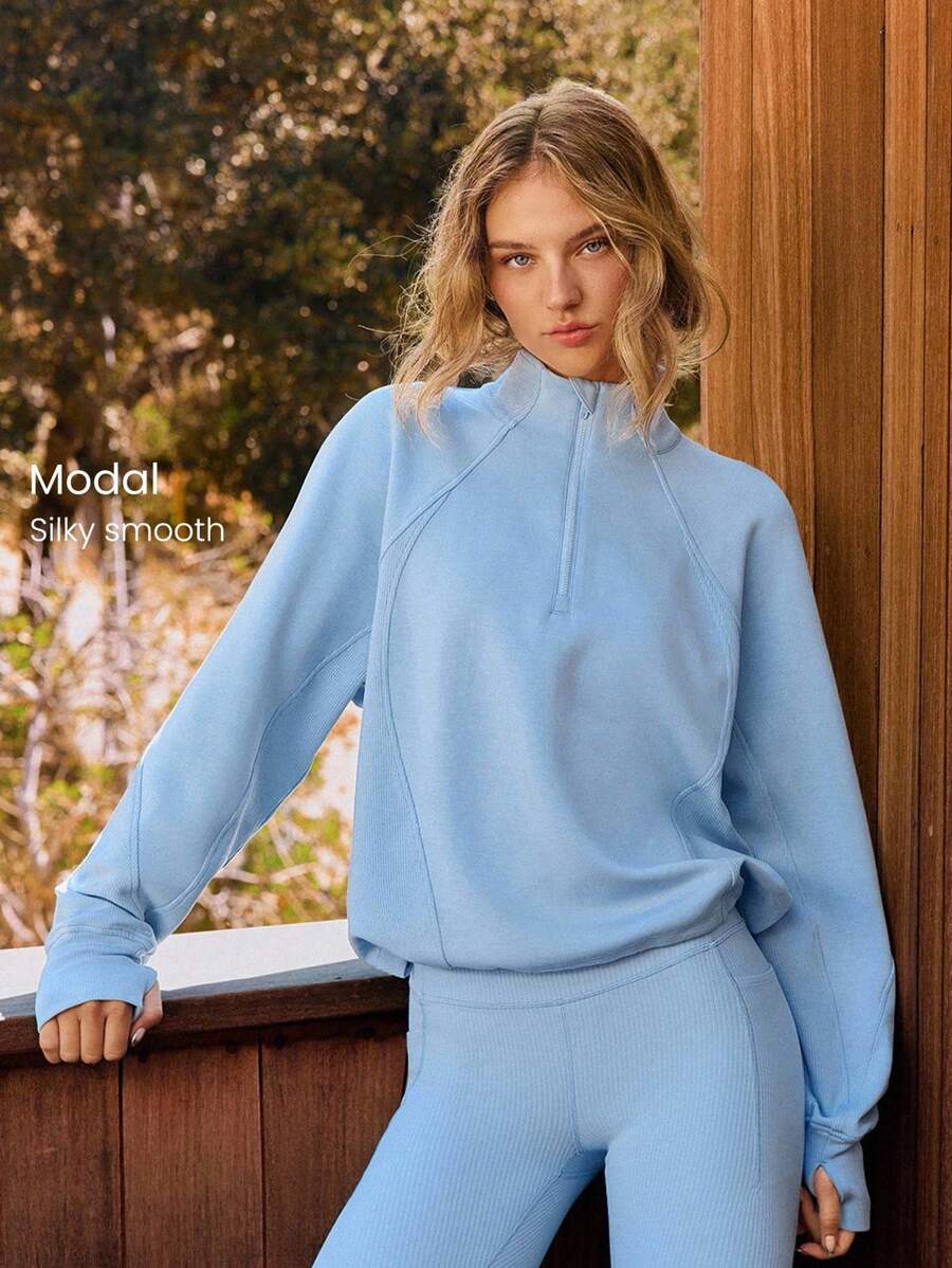 GLOWMODE 莫代尔宽松罗纹拼接可调节下摆半拉链领运动衫带拇指孔日常休闲装 - 淺藍色 - 查看 1