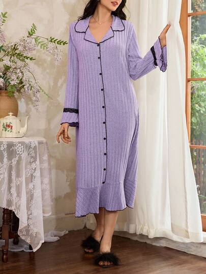 Côtesoire Camisón de mujer con cuello de solapa, manga larga, abotonadura sencilla, bajo con volantes y costillas, otoño