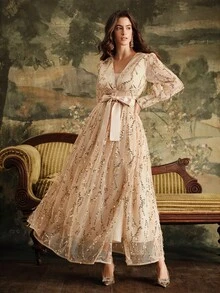 Anewsta Váy dài thắt eo thêu sequin cổ chữ V thanh lịch, váy dài lãng mạn dành cho nữ, phù hợp cho mùa thu, đông, năm mới, tiệc tùng, đám cưới - Rượu sâm banh - Xem 3