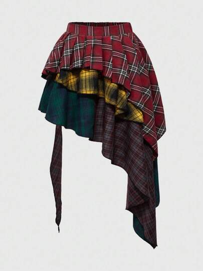 Grunge Punk Grunge Vintage Baddie Distressed American Plaid Patchwork Asymmetric Hem Plus Size Women Skirt