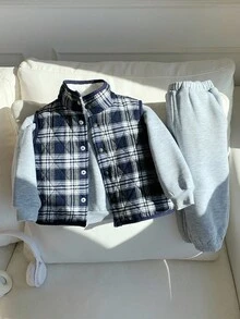3 件套男婴/女婴休闲舒适百搭圆领运动衫 + 运动裤套装，厚绗缝背心夹克分层运动服，秋冬 - 彩色 - 查看 4