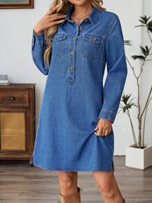 EMERY ROSE 女式短款纯色牛仔连衣裙，有领和常规下摆，适合日常风格，蓝色牛仔连衣裙，纽扣式牛仔连衣裙，长袖牛仔连衣裙，牛仔连衣裙，女式秋季连衣裙 - 深色水洗藍 - 查看 3