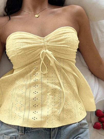 CovetEZ Áo Bandeau dệt kim màu vàng mù tạt giản dị cho mùa hè