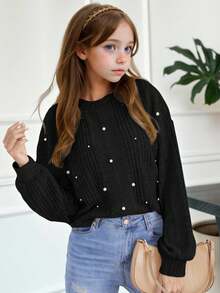 SHEIN Leap Crew Áo thun dài tay ấm áp cổ tròn dệt kim có gân lông thú cho bé gái tuổi mới lớn - màu đen - Xem 1