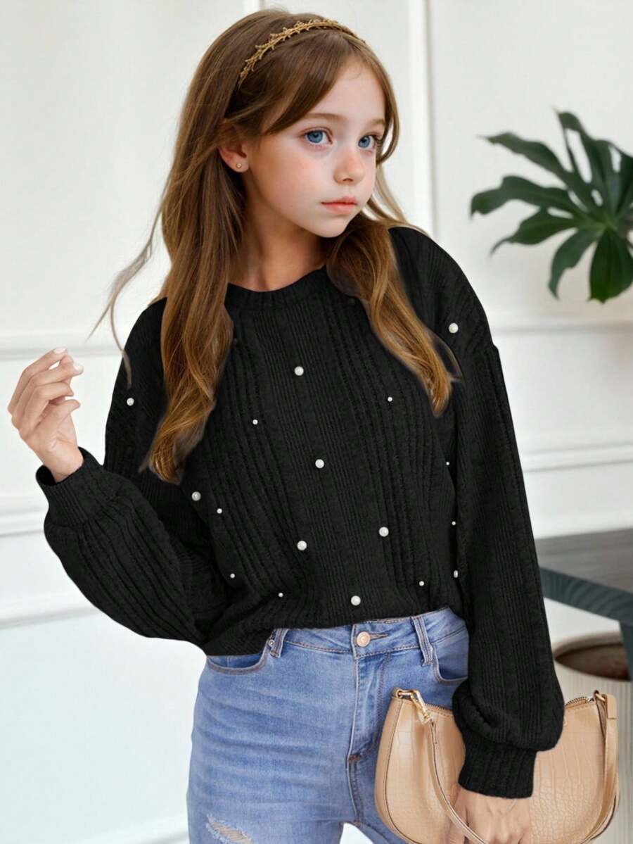 SHEIN Leap Crew Áo thun dài tay ấm áp cổ tròn dệt kim có gân lông thú cho bé gái tuổi mới lớn - màu đen - Xem 1