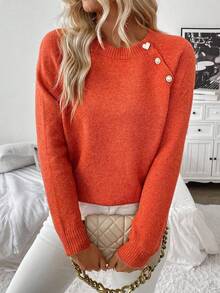 SHEIN Tall Women's Sweater With Oblique Placket And Button Design - Burnt Orange - View 1