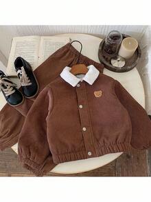 2件套男童梭织领休闲夹克和保暖内衬裤子套装 - 棕色 - 查看 8