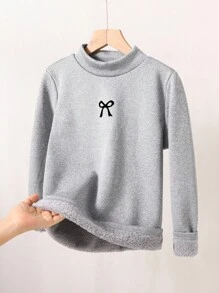 Tween Girl Bow Print Stand Collar Long Sleeve Fleece Casual T-Shirt Fall Winter - Black - View 4