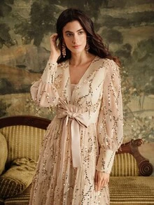 Anewsta Váy dài thắt eo thêu sequin cổ chữ V thanh lịch, váy dài lãng mạn dành cho nữ, phù hợp cho mùa thu, đông, năm mới, tiệc tùng, đám cưới - Rượu sâm banh - Xem 4