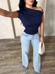 SHEIN SXY Women's Sexy Elegant Minimalist Brown Asymmetric Cold Shoulder Casual Versatile Blouse One Shoulder Top Dark Blue Top One Sleeve Top - Navy Blue - View 3