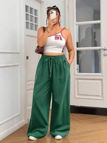 SHEIN EZwear 大码休闲纯色阔腿棉裤 - 綠色 - 查看 5