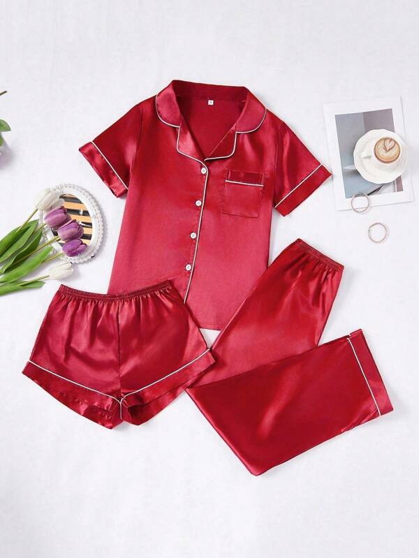 LuxeNights 3pcs Set Women Contrast Color Trim Solid Faux Silk Collar Sleepwear Red Pajama Set