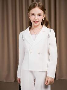SHEIN Girls' Blazer Suit Set, White Handcrafted Crystal Decor Blazer & Pants, Elegant Everyday Wear & Commute Fall Winter