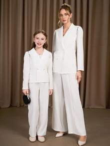 SHEIN Girls' Blazer Suit Set, White Handcrafted Crystal Decor Blazer & Pants, Elegant Everyday Wear & Commute Fall Winter