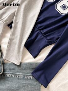 Tricou casual pentru adolescente cu guler asimetric și imprimeu numeric, toamnă/primăvară