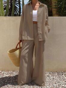 Livesso Women's Summer Solid Color Pleated Shirt And Wide Leg Pants Casual Suit