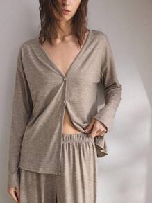 Ocili Minimalist Soft Comfort Women Homewear Lounge Set, Collarless Elegant Casual, Fall Winter Clothes, Cozy Outfits - Khaki - View 2