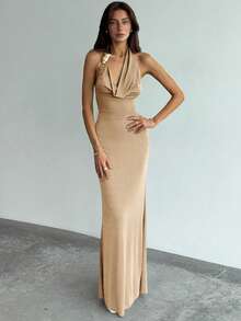 Aloruh Women's Solid Color Plunging Neckline Circular Ring Connecting Fishtail Hem Fitted Sexy Dress - Khaki - View 3