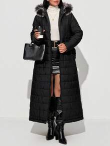 Arctic Luxe Longline Puffer – Faux Fur Trimmed Hooded Winter Coat - Black - View 6