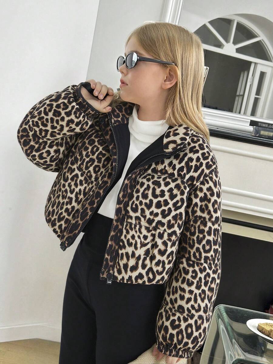 SHEIN Serisse Kids Tween Girls Brown Leopard Print Cropped Long Sleeve Padded Coat, Quilted Jacket, Warm/ Cold Weather/ Thermal Thinked For Autumn Winter