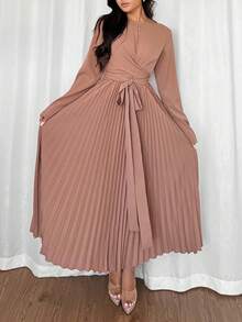Modelyn Vestido plisado de mujer con cuello redondo, manga larga y cruce envolvente de unicolor - Marrón Mocha - Ver 7