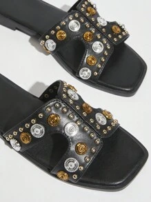 SHUZIA Women Fashionable Flat Sandals With Versatile Studded Details - Black - View 4