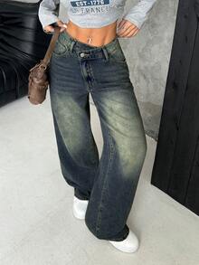 SHEIN PETITE Women's Thick Denim Jeans, Oblique Placket, Loose Wide-Leg Pants, Blue - Dark Wash - View 4