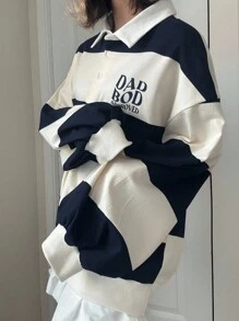 FRIFUL 女式撞色领口条纹字母印花宽松运动衫，秋季 - 藏蓝色 - 查看 2