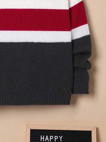 SHEIN Tween Boy Oversized Striped Hooded Pullover Sweater, Winter ,Fall - Red - View 4