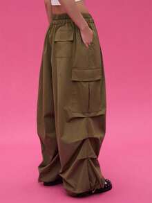 COUREZ Quần cargo ống rộng cạp thấp kiểu dù / Trang phục đi chơi phong cách Y2K mùa thu, quần áo nữ mùa thu, quần áo mùa đông dễ thương cho nữ, quần cargo - xanh quân đội - Xem 2