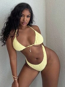 Alexandranx Bộ bikini họa tiết màu trơn trong kỳ nghỉ bãi biển mùa hè dành cho nữ - Màu vàng - Xem 5