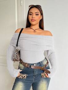 SHEIN EZwear 大码女式休闲露肩修身T恤，浅灰色，秋季 - 淺灰色 - 查看 4
