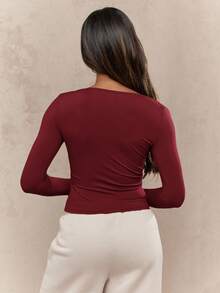 MISSGUIDED Square Neck Cropped Long Sleeve Top Casual Form Fitting Basic Essential Fall Winter Everyday Layering Loungewear Crop Shirt - Burgundy - View 2