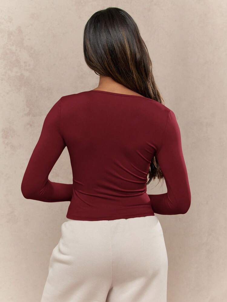 MISSGUIDED Top court à manches longues col carré, forme ajustée, essentiel de base pour le casual, l'automne-hiver, le quotidien, les vêtements d'intérieur