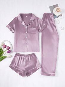 LuxeNights 3 Piece Set Women's Contrast Trim Solid Color Faux Silk Lapel Pajama - Mauve Purple - View 3