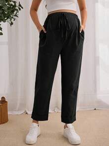 SHEIN Pantalones casuales de maternidad de unicolor simple con bolsillos y lazo delantero - Negro - Ver 6