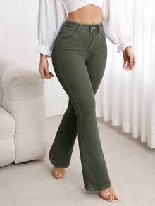 SHEIN PETITE Women's Casual Washed Slim Fit Flare Jeans - Green - View 3