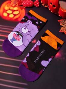 SHEIN X Care Bears 2双装女士南瓜蝙蝠图案柔软透气吸湿休闲节日派对短袜，时尚可爱，黑橙配色，加固趾跟，经久耐穿，男女通用，冬季百搭 - 彩色 - 查看 6