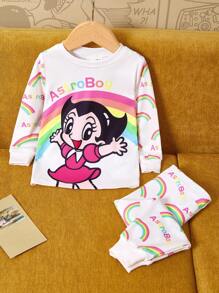 Astro Boy X SHEIN Ensemble pyjama bébé fille avec Top à manches longues et pantalon, imprimé de personnages de dessin animé et arc-en-ciel, coloré, extensible, pour l'automne/hiver