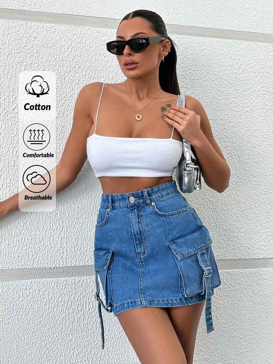 EURMUSE 女士帶口袋的牛仔貨物裙