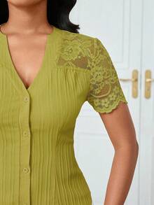 Lunelith SHEIN Lunessa Blouse à manches courtes avec patchwork en dentelle de couleur unie, pour le travail