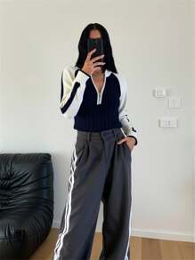 EURMUSE 现代对比色插肩袖半拉链罗纹针织套头衫运动设计