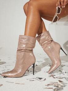 SHUZIA Metallic Pointy Toe Slip On Stiletto Boots - Champagne - View 1