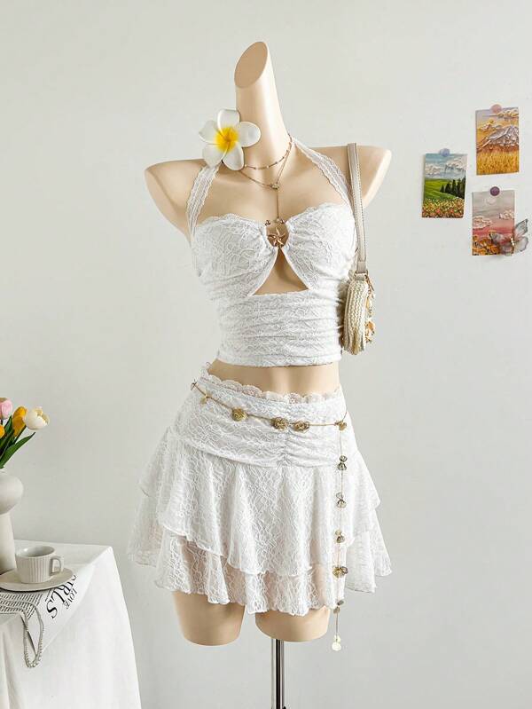 Soleia Conjunto de top halter de encaje amarillo con parches y volantes acuchillados, y minifalda de encaje con doble capa de volantes para mujer, adecuado para vacaciones, citas, té de la tarde, playa, crucero, vacaciones en la ciudad, festivales de música, vacaciones bohemias