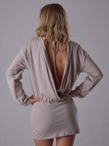 MUSERA Deep V Plunge Low Loose Long Sleeve Fitted Bottom Dress Classy Night Out Sexy Cute Coolgirl Streetwear Dawn - Grey - View 5