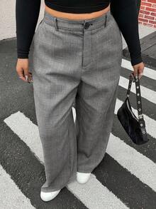 Muchica Plus Size Women Houndstooth Pattern Loose Straight Leg Casual/Office Pants Plaid Pants High Waisted Pants Gray Plaid Pants Wide Leg Pants In Fall/Winter Gray Pants