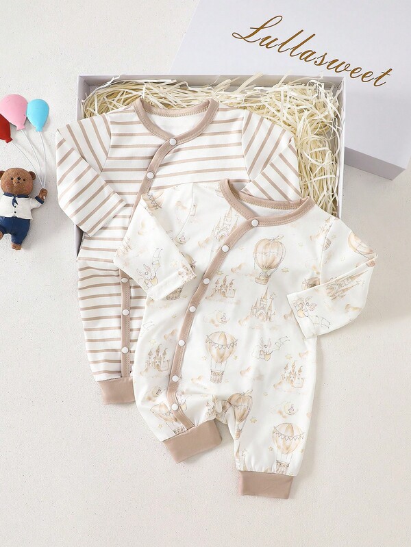 SHEIN 2-teiliges Set mit cartoon-bedrucktem Langarm-Jumpsuit für Neugeborene und Jungen, mit bequemem und einfachem Stoff, geeignet als Geschenk für Zuhause